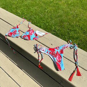 Boho Palm Leaf Ruffle Sliding Triangle Brazilian Two Piece Bikini Swimsuit - NWT